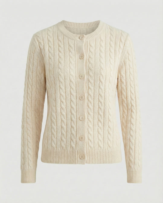 Damen klassische Zopfmuster-Strickjacke mit Rundhalsausschnitt und durchgehender Knopfleiste EB