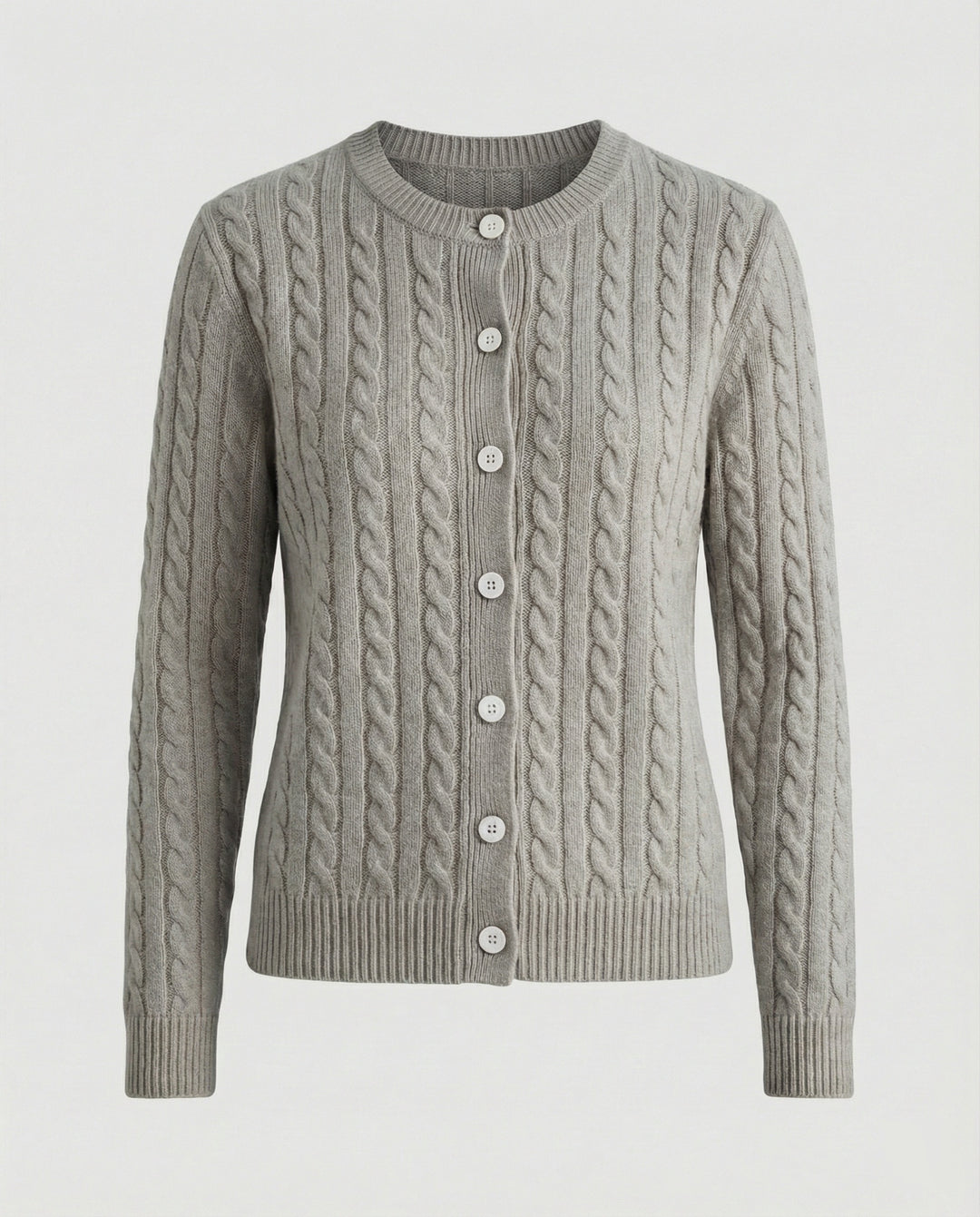 Damen klassische Zopfmuster-Strickjacke mit Rundhalsausschnitt und durchgehender Knopfleiste EB