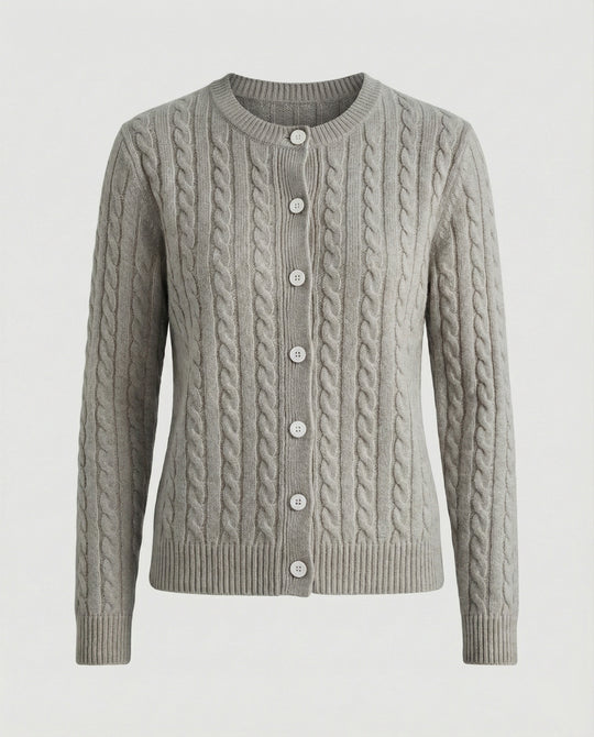 Damen klassische Zopfmuster-Strickjacke mit Rundhalsausschnitt und durchgehender Knopfleiste EB