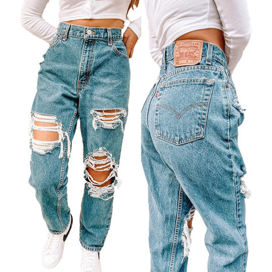 Damen Vintage High-Waist Destroyed Jeans mit fransigen Details EB