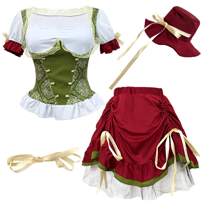 Damen nan traditionelles Dirndl Trachtenkleid Ensemble mit verstellbarem Corsagenmieder und langem Stufenrock EB