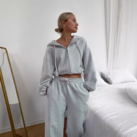 Damen kurzes Zip-Hoodie-Set mit taillenhoher Wide-Leg Jogginghose aus French-Terry EB