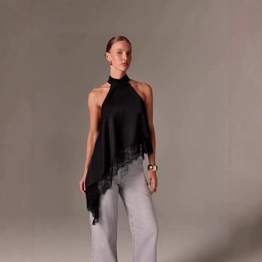 Damen luftiges Chiffon-Top mit eleganter Spitzenverzierung EB