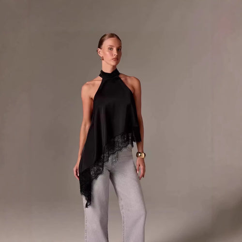 Damen luftiges Chiffon-Top mit eleganter Spitzenverzierung EB
