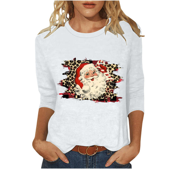 Damen nan lässiges Sweatshirt mit Retro-Weihnachtsmann-Print, Leoparden- und Karomuster und dreiviertelärmel EB