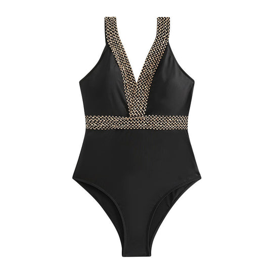 Damen Eleganter Einteiler Badeanzug mit tiefem V-Ausschnitt und goldenen Akzenten EB