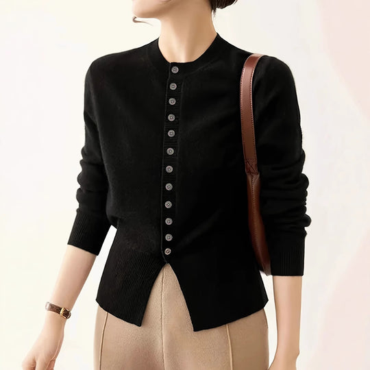 Damen modische Strickjacke mit Knopfleiste und Rippstrickdetails EB