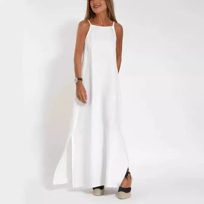 Damen elegantes Maxikleid mit feinen Trägern und schwingendem Saum EB