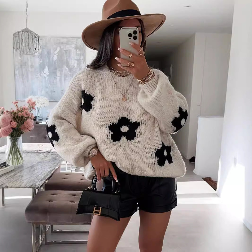 Damen Grobstrickpullover mit folkloristischen Blumenmustern und lässigem Schnitt EB