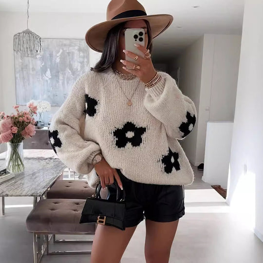 Damen Grobstrickpullover mit folkloristischen Blumenmustern und lässigem Schnitt EB