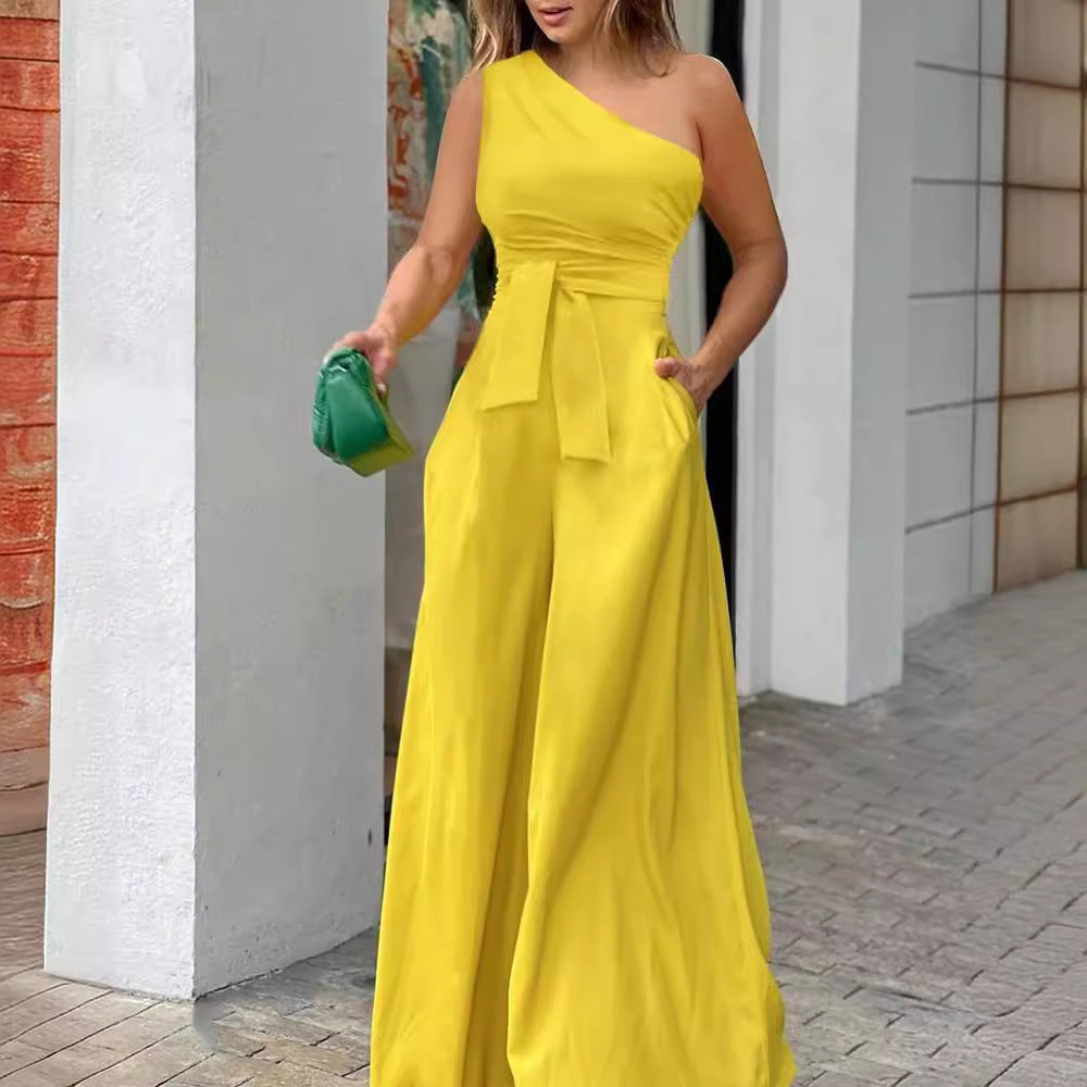 Damen Eleganter One-Shoulder Jumpsuit mit weitem Bein und Taillengürtel EB