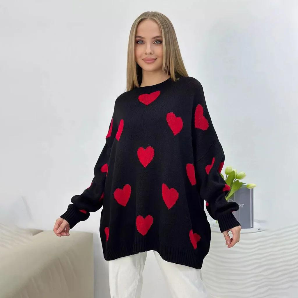 Damen Oversize Strickpullover mit Herz‑Motiv, Rippbündchen & weiter Silhouette EB