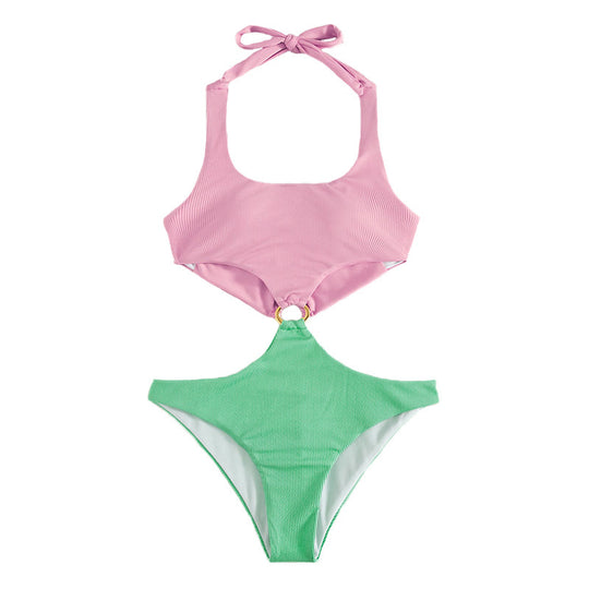 Damen Designer-Bikini mit modischem Rippendesign und dekorativem Ring EB