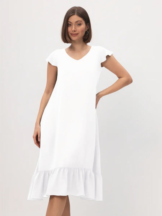 Damen Midi-Kleid mit modischem V-Ausschnitt und Rüschensaum EB