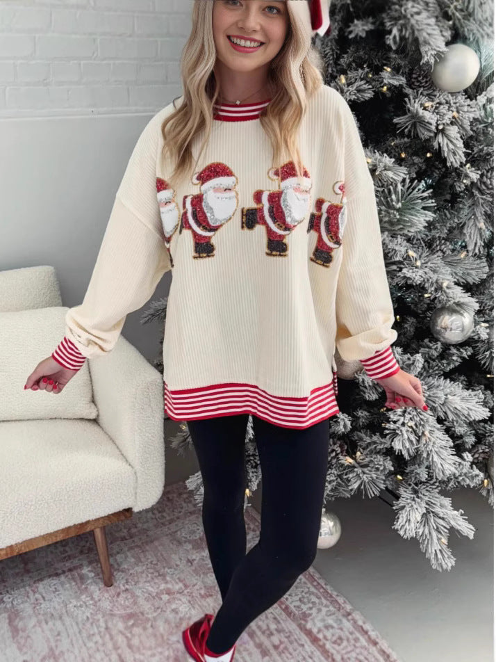 Damen Oversized Pullover mit festlichem Santa-Motiv EB