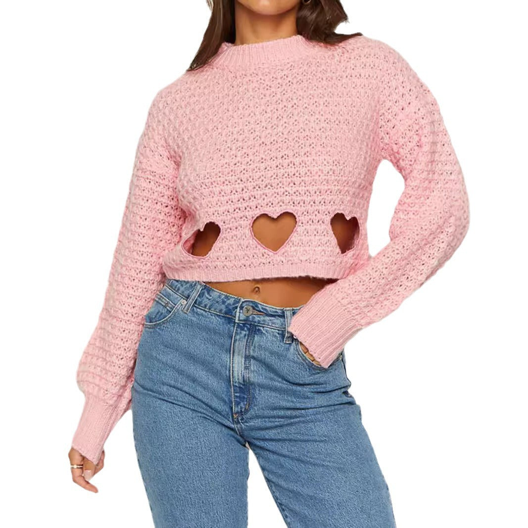Damen Grob gestrickter Pullover mit Herzverzierungen und lockerem Schnitt EB