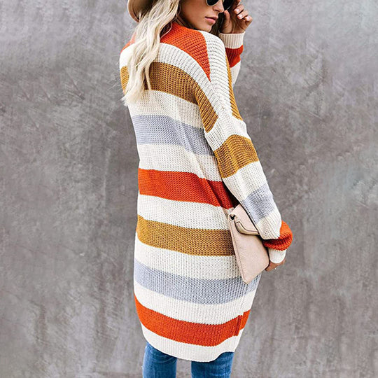 Damen lässige Strickjacke mit modischem Streifenmuster und praktischen Taschen EB