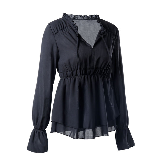 Damen Rüschenbluse mit elastischer Taillierung und langen Ärmeln EB