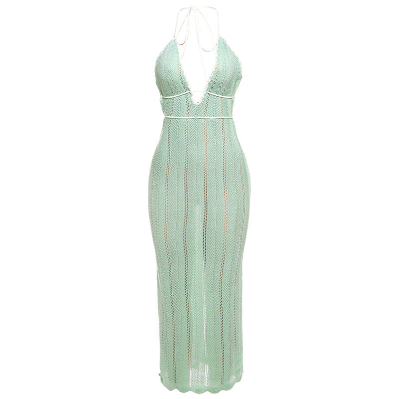 Damen Strick Maxikleid mit tiefem V-Ausschnitt und Bindebändern EB
