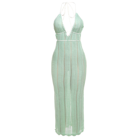 Damen Strick Maxikleid mit tiefem V-Ausschnitt und Bindebändern EB