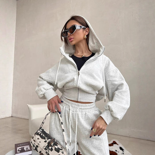 Damen Zweiteiliges Loungewear-Set mit kurzem Zip-Hoodie und hochtaillierter weiter Jogginghose EB