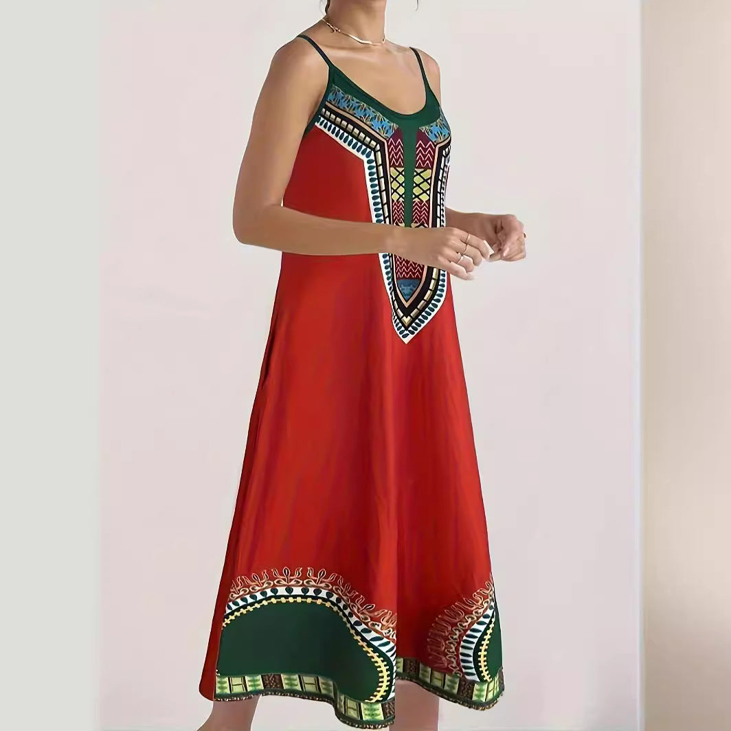 Damen Maxikleid mit modernem ethnischen Druck und praktischen Seitentaschen EB