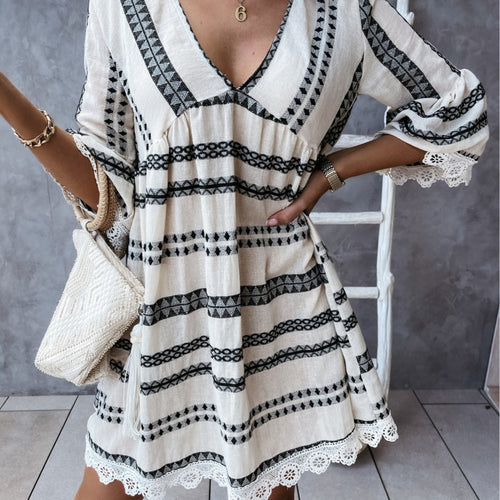 Damen Bohemian-Stil Schlagärmel Mini Kleid EB