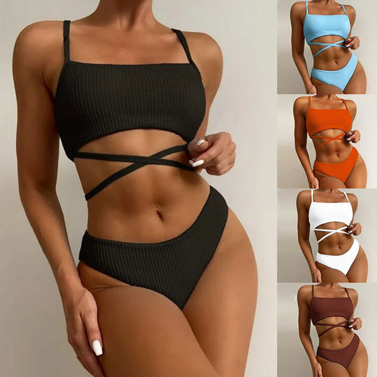 Damen Hochgeschnittener Ripp-Bikini mit Kreuzdetails EB