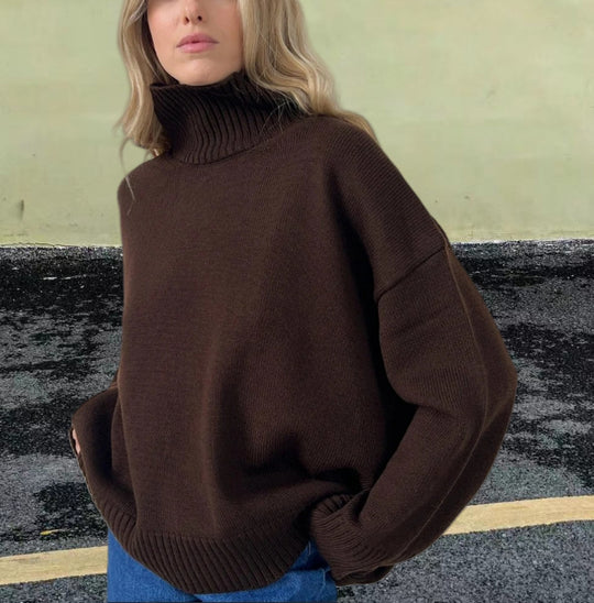 Damen Strickpullover mit hohem Kragen und weitem Schnitt EB