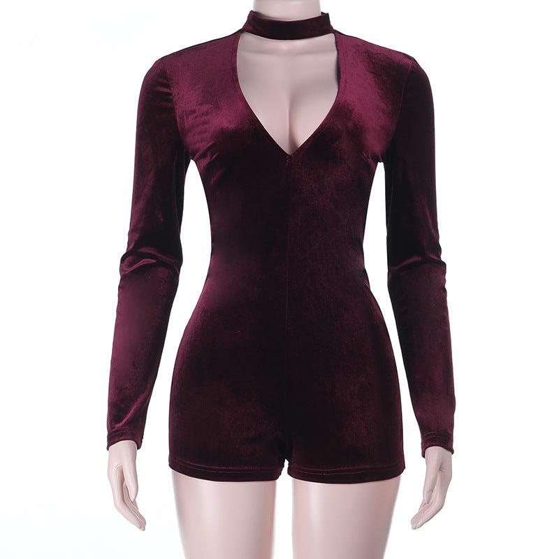 Damen eleganter Jumpsuit mit tiefem V-Ausschnitt und Langarm-Wickeldetail EB