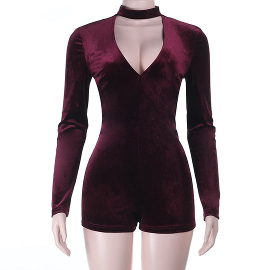 Damen eleganter Jumpsuit mit tiefem V-Ausschnitt und Langarm-Wickeldetail EB
