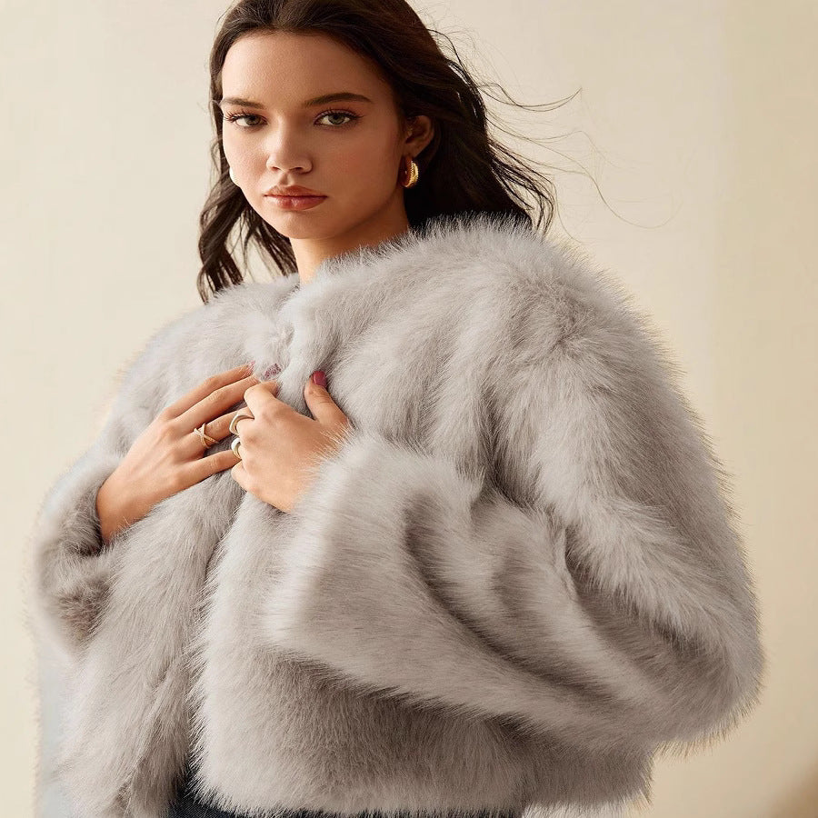 Damen extravagante Kurzarm-Felljacke mit voluminösen Ärmeln EB