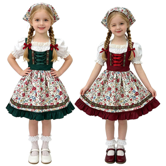 Damen nan traditionelles Kinderdirndl mit Schürze Haarband Spitzenbluse und Zierschnürung EB