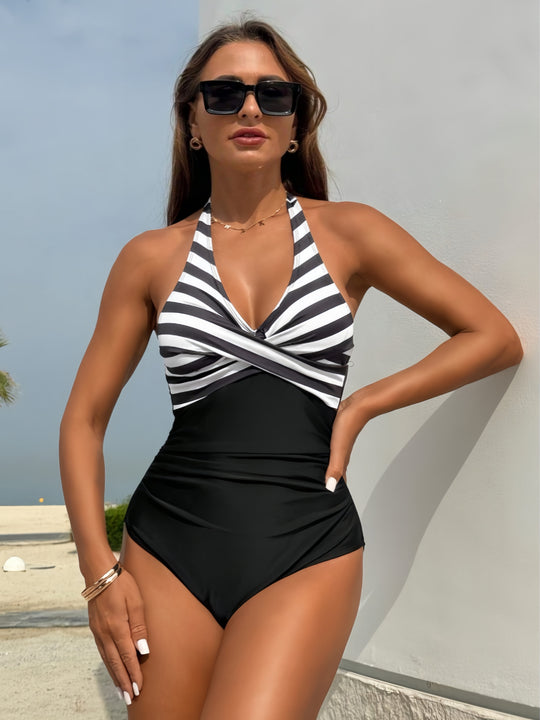 Damen Einteiliger Badeanzug mit Streifen-Design und figurformenden Elementen EB