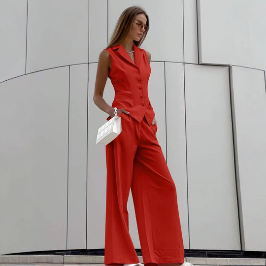 Damen Ärmelloses Tailoring-Zweiteiler mit taillierter Weste und weiter Marlenehose EB