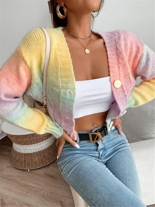 Damen Modischer Oversized-Cardigan mit buntem Farbverlauf und Knopfdetails EB