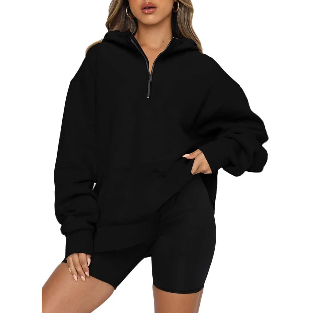 Damen Oversize Kapuzenpullover mit halbem Reißverschluss EB