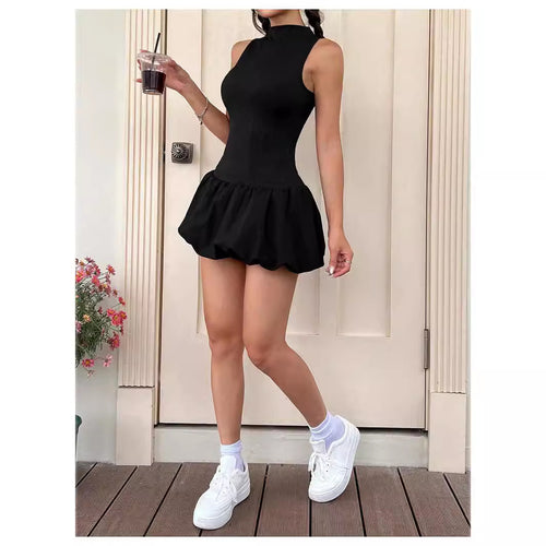 Damen trendiges Mini-Kleid mit hohem Kragen und voluminösem Rock EB