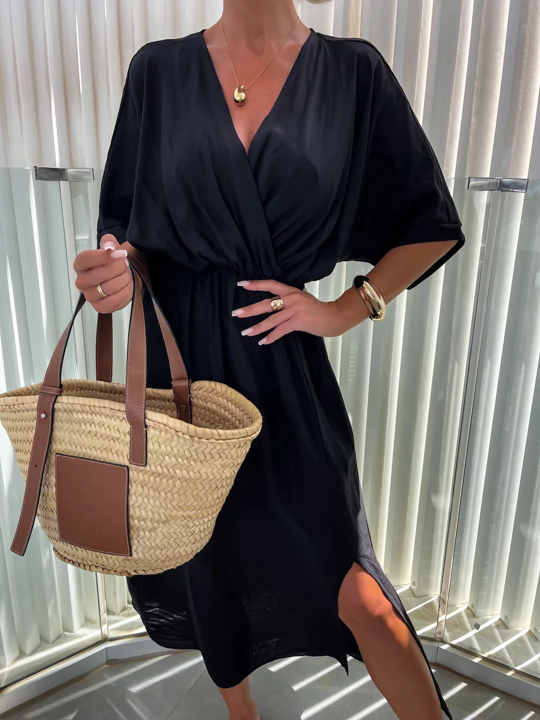 Damen lässiges Maxi-Kleid mit tiefem V-Ausschnitt und elastischem Taillenbund EB