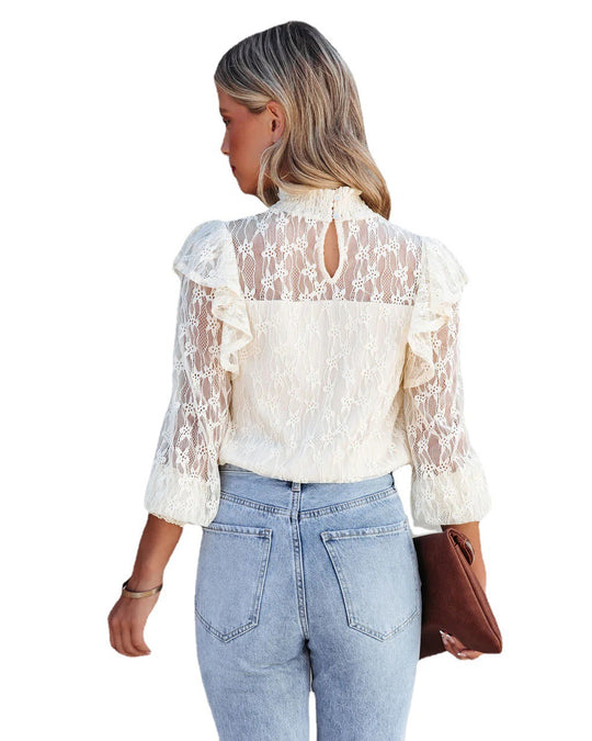 Damen Spitzenbluse mit Rüschendetails und elegantem Stehkragen EB