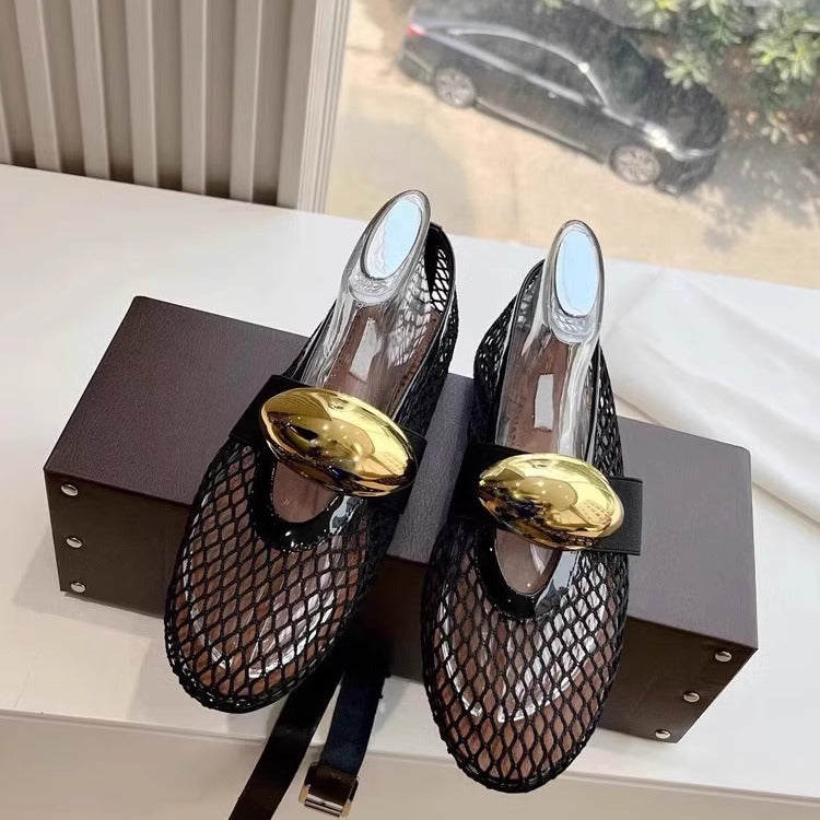 Damen Ballerinas mit luftiger Netzstruktur und dekorativem Goldakzent EB
