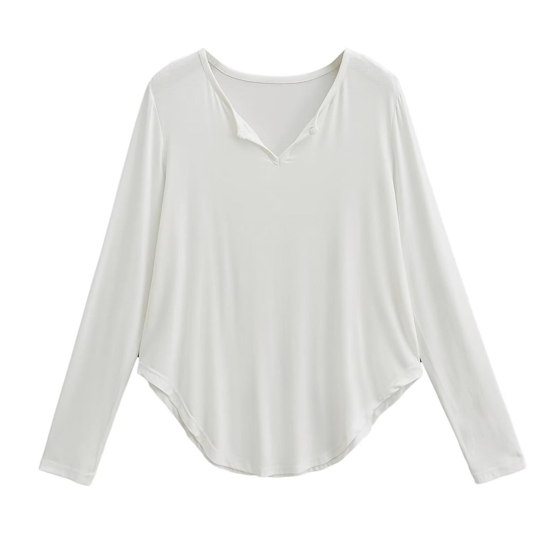 Damen lässiges Longsleeve-Oberteil mit V-Ausschnitt und geschwungenem Saum EB