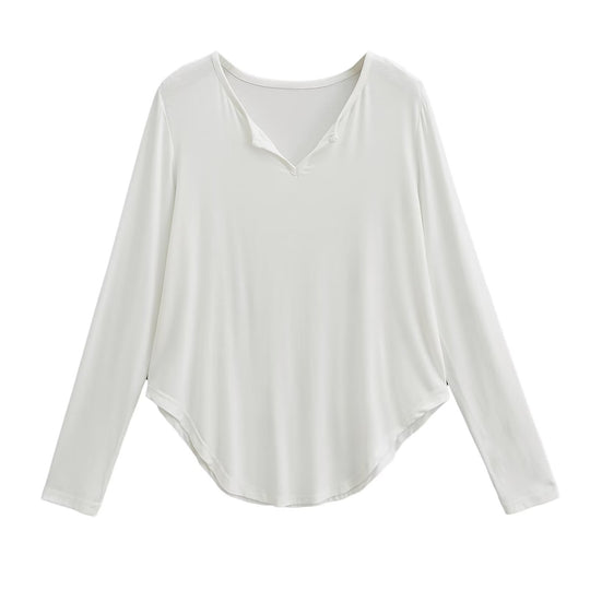 Damen lässiges Longsleeve-Oberteil mit V-Ausschnitt und geschwungenem Saum EB