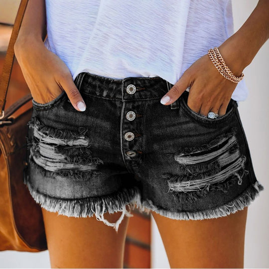 Damen Denim Shorts mit destroyed Optik und hohen Taillenbund EB