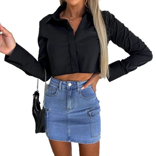 Damen cropped Bluse mit elegantem Kragen und praktischen Taschen EB