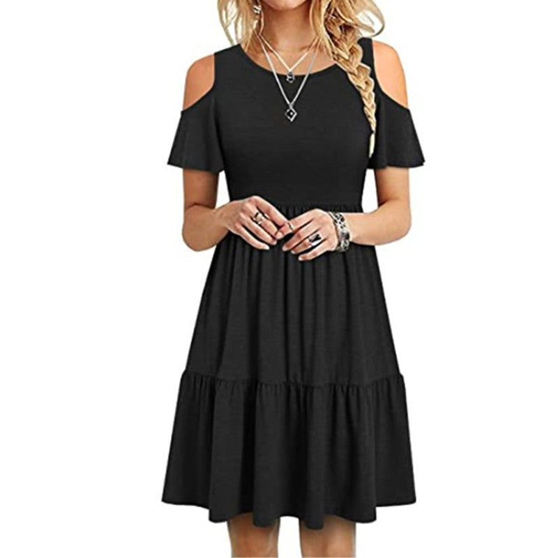 Damen lässiges Kleid mit kaltem Schulterdesign und voluminösem Rock EB