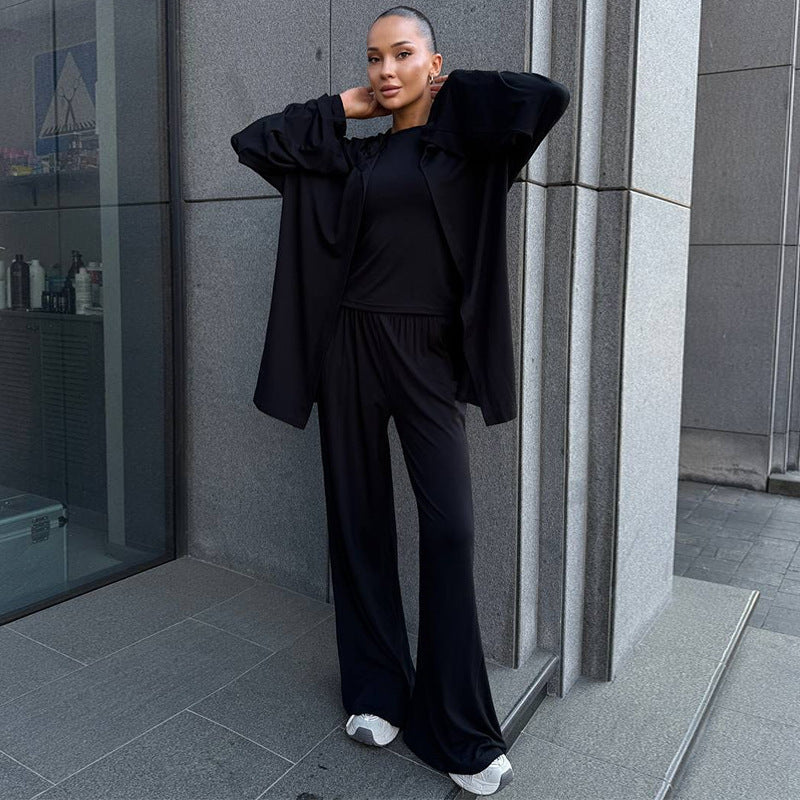 Damen elegante Loungewear-Kombination mit Kapuze und weitem Schnitt EB