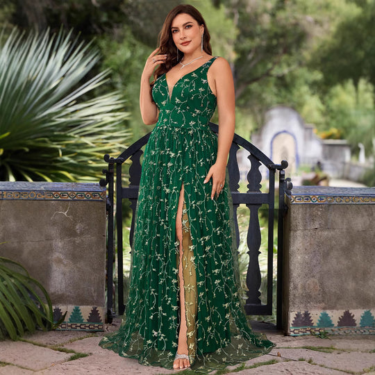 Damen Elegantes Maxikleid mit floralem Spitzenbesatz und hohem Beinschlitz EB