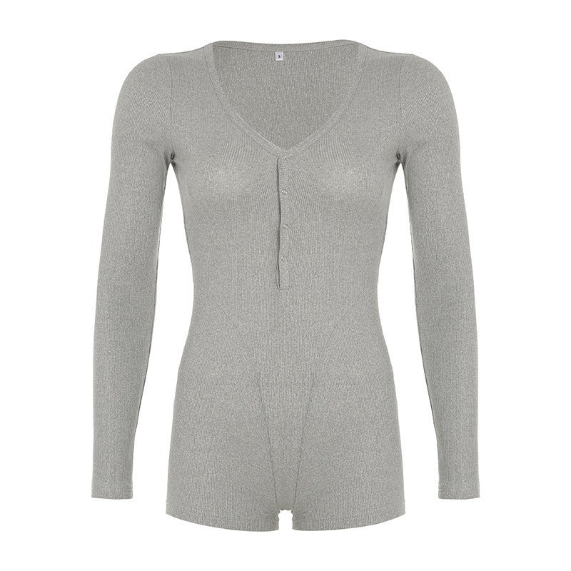 Damen Langarm-Bodysuit mit V-Ausschnitt und Knopfleiste EB