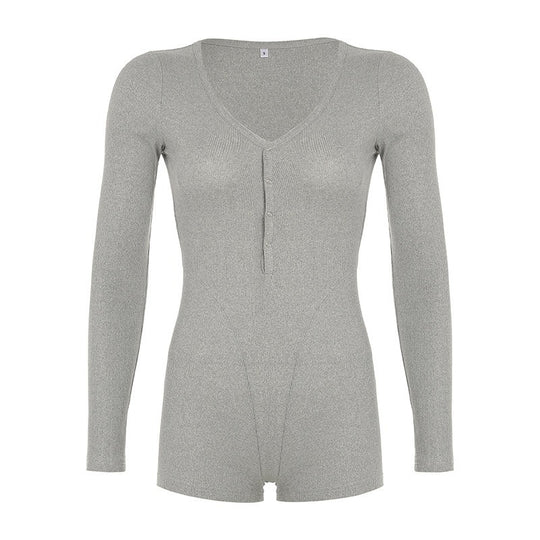 Damen Langarm-Bodysuit mit V-Ausschnitt und Knopfleiste EB